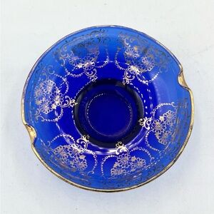 Vintage Cobalt Art Glass Hand Painted Small Dish - 10cm diam EUC MURANO?